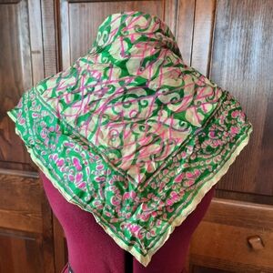 Vintage Hand Woven 100% Silk Made In India Green Pink Square Scarf Handkerchief